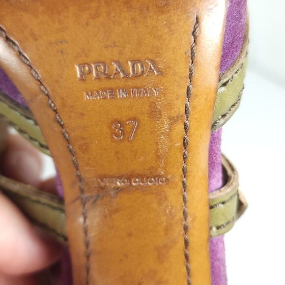 Prada Women's US6-6,5 EU37 Purple Multicolor Suede Leather Peep Toe Heels - Picture 11 of 16